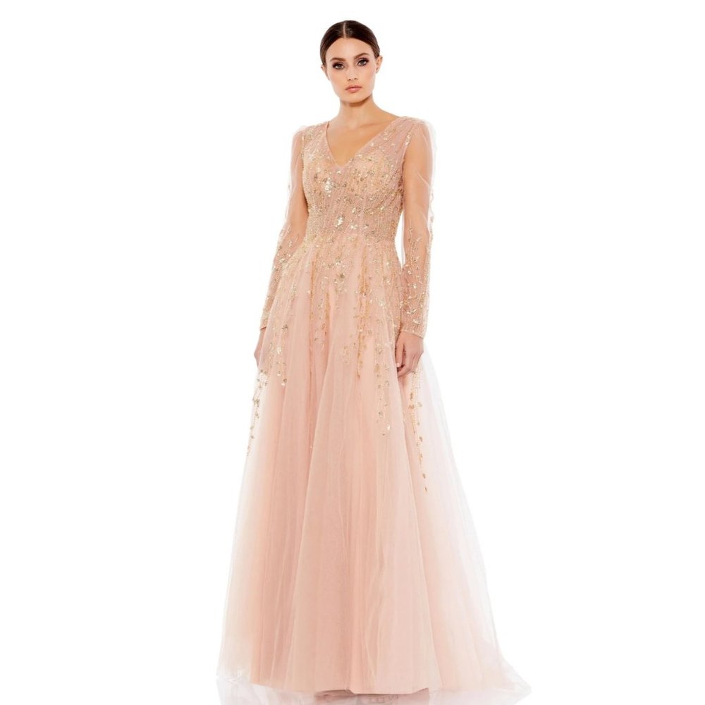 NWT $798 MAC DUGGAL EMBELLISHED V NECK LONG SLEEVE A LINE GOWN STYLE 20295 SZ 10